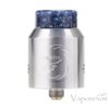 Hellvape Rebirth RDA silver with a blue drip tip