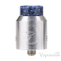 Hellvape Rebirth RDA silver with a blue drip tip